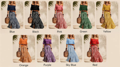 StripeLuxe – Striped Maxi Skirt Set with Belt
