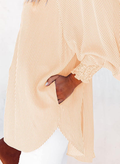 🔥2026 Clearance Item🔥Women's pleated cuffs striped shirt with pockets and casual collar