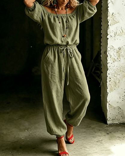 LuxeSilhouette – Off-Shoulder Tie Waist Jumpsuit