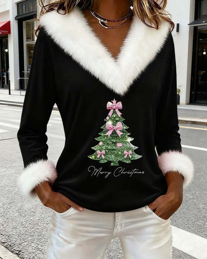 FrostLuxe – Large Fur Collar Christmas Print Top