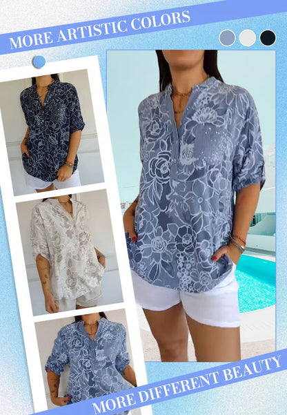 PrintLuxe – V-Neck Button-Down Printed Blouse