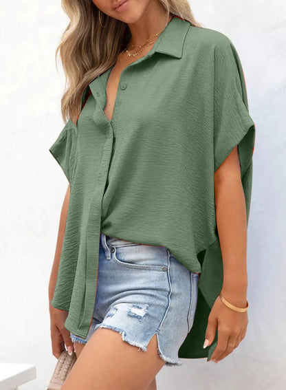 VeloraFit – Solid Color Short Sleeve Button Top