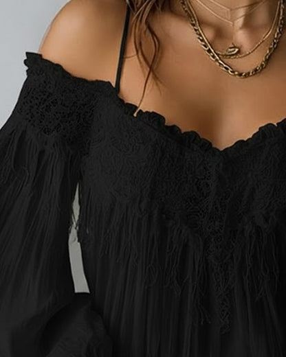 GlowCharm Blouse – Tassel Back Elegance