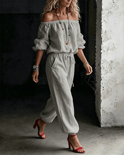 LuxeSilhouette – Off-Shoulder Tie Waist Jumpsuit
