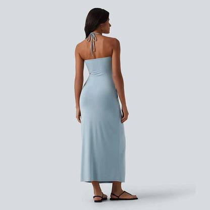 HalterTie – Elegant Back Maxi Dress with Pockets
