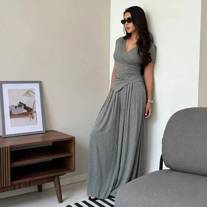 MaisonLuxe – Sophisticated Wrap Top & Wide Leg Pants Set