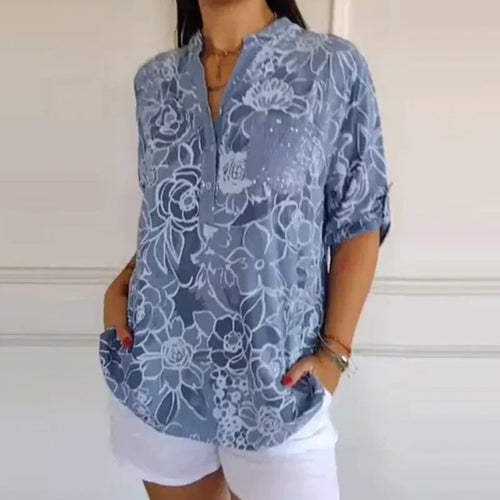 PrintLuxe – V-Neck Button-Down Printed Blouse