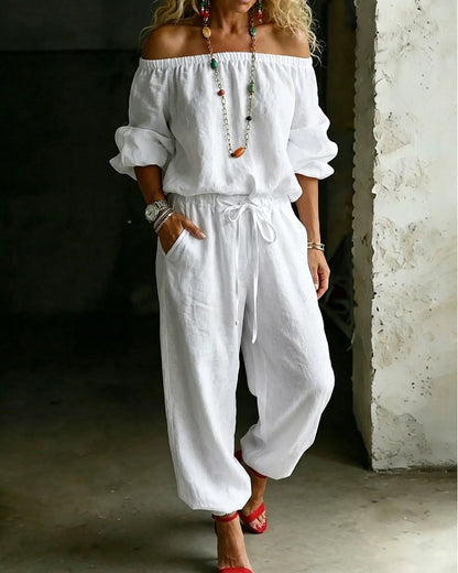 LuxeSilhouette – Off-Shoulder Tie Waist Jumpsuit
