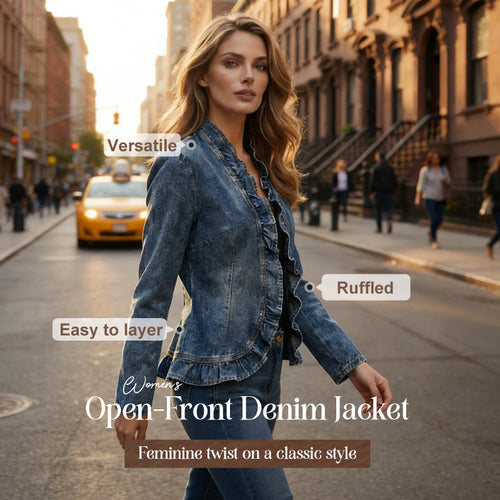 DenimLuxe – Women’s Ruffle Trim Denim Jacket